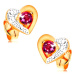 Zlaté náušnice 585 - ružový rubín v dvojfarebnom obryse srdca, gravírovanie