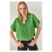 Olalook Women's Peanut Green Bat Oversize Linen Shirt