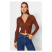 Trendyol Brown Fitted Crop Polo Neck Ribbed Cotton Stretch Knitted Blouse