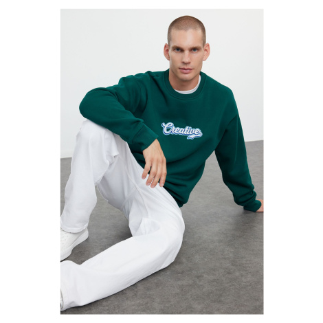 Trendyol Emerald Green Oversize/Wide Cut Text Embroidered Sweatshirt