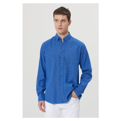 ALTINYILDIZ CLASSICS Men's Navy Blue Comfort Fit Comfy Cut Buttoned Collar Linen Shirt.
