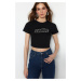 Trendyol Black Stone Print Basic Crop Crew Neck Cotton Elastic Knitted T-Shirt