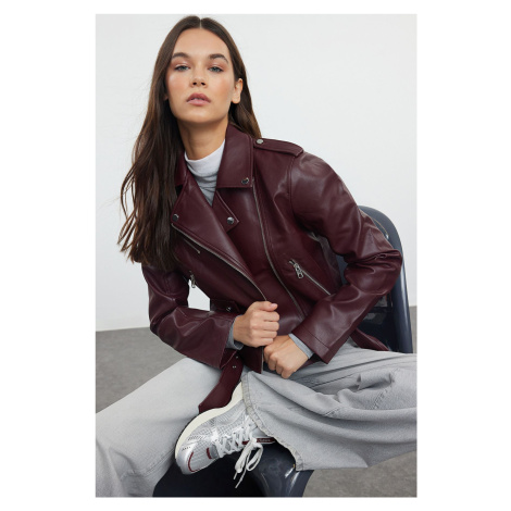 Trendyol Claret Red Regular Faux Leather Biker Jacket Coat