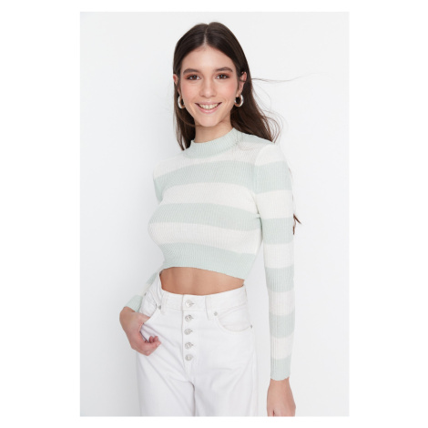 Trendyol Mint Crop Bavlnený pruhovaný pletený sveter