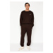 Trendyol Dark Brown Oversize/Wide Cut Text Print Warm Sweatshirt Tracksuit