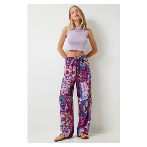 Happiness İstanbul Women's Plum Ecru Patterned Draped Viscose Palazzo Trousers