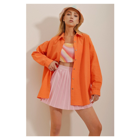 Trend Alaçatı Stili Women's Orange Oversized Linen Shirt