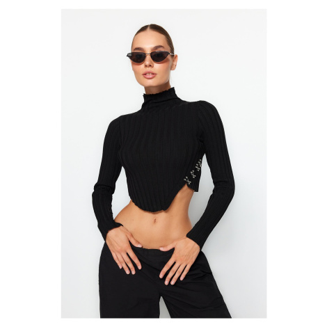 Trendyol Black Super Crop stojaci golier Pletený sveter