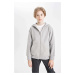 DEFACTO Boy's Basic Gray Hooded School Cardigan with Zipper Pockets