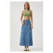 Happiness İstanbul Women's Light Blue Slit Long Denim Skirt