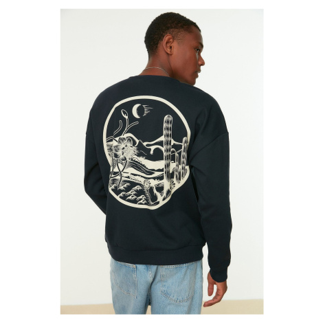 Trendyol Navy Blue Oversize/Wide Cut Back Printed Inside Polar Fleece/Warm Cotton Sweatshirt