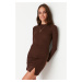 Trendyol Brown High Collar Fitted Long Sleeve Slit Mini Ribbed Stretchy Knitted Dress