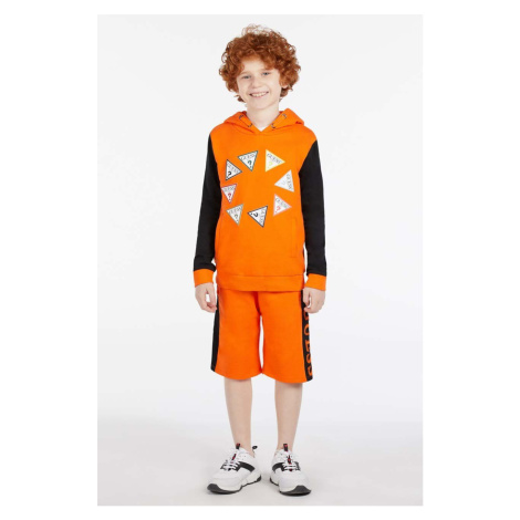 Detská bavlnená mikina Guess oranžová farba, s kapucňou, vzorovaná