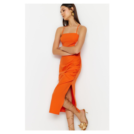 Trendyol oranžové rúško detailné midi elegantné večerné šaty