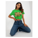 Green women's T-shirt with inscription and print