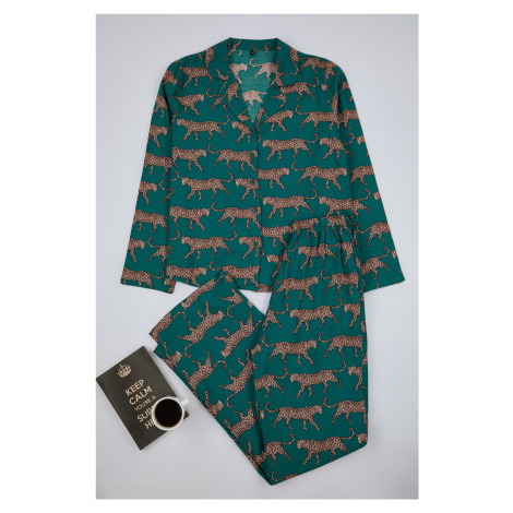 Trendyol Emerald Green Tiger Patterned Viscose Woven Pajama Set