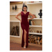 Carmen Claret Red Sandy Long Evening Dress with a Slit