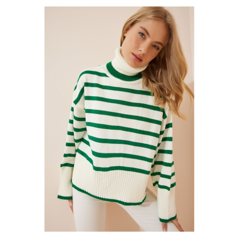 Happiness İstanbul Women's Bone Green Striped Turtleneck Oversize Knitwear Sweater