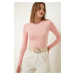 Happiness İstanbul Women's Light Pink Crew Neck Basic Viscose Knitted Blouse