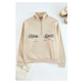 Trendyol Beige Oversize/Wide Cut Text Embroidered Sweatshirt with Fleece Inside Stand Collar Zip