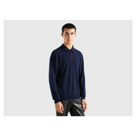 Benetton, Dark Blue Polo Shirt In Pure Merino Wool United Colors of Benetton