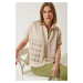 Happiness İstanbul Women's Cream Crochet Lace Detailed Linen Shirt