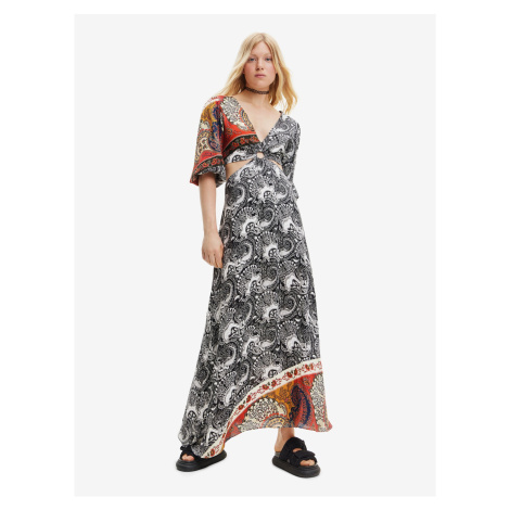 White and Black Women's Patterned Maxi-Dresses with Necklines Desigual Sirsal - Ladies