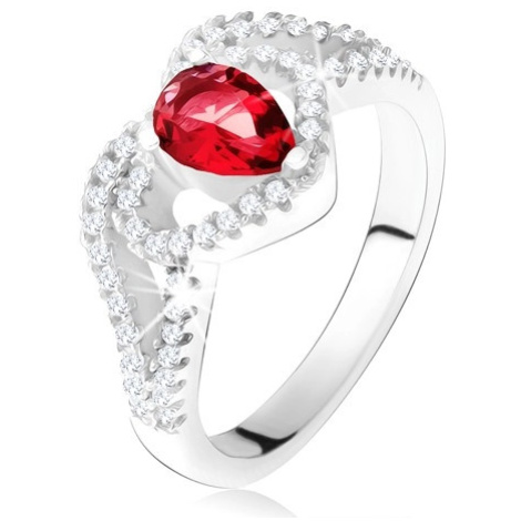 Prsteň s rubínovým zirkónom a čírou kontúrou srdca, striebro 925 - Veľkosť: 59 mm