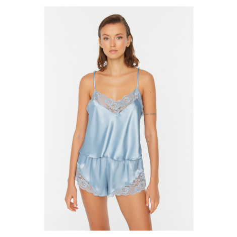 Trendyol Blue Lace Detailed Satin Singlet-Shorts Woven Pajamas Set.