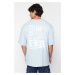 Trendyol Light Blue Oversize/Wide Cut Headlight East Printed 100% Cotton T-Shirt