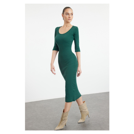 Trendyol Emerald Green Fitted Long Sleeve Crew Neck Maxi Stretchy Knitted Dress