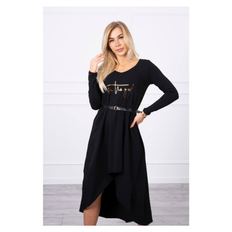 Dress with a decorative belt and inscription of black color