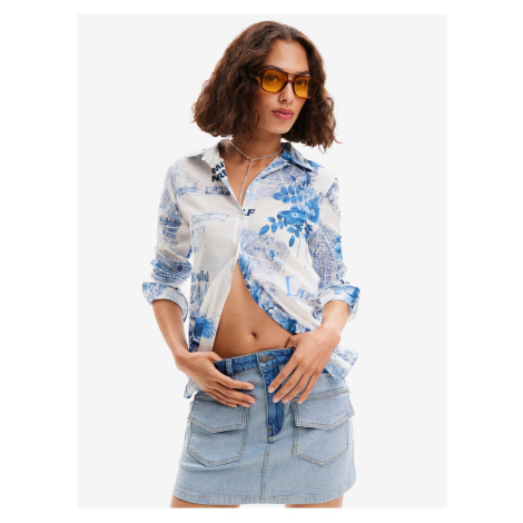 Blue and White Women's Patterned Shirt Desigual Flowers News - Women