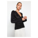 Trendyol Black Pleat Detailed Double Breasted Closure Ruffle V Neck Blouse