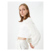 Koton Crop Sweater Openwork Balloon Sleeve Crew Neck