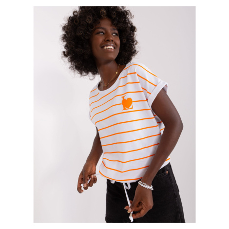 White and orange striped blouse with appliqué