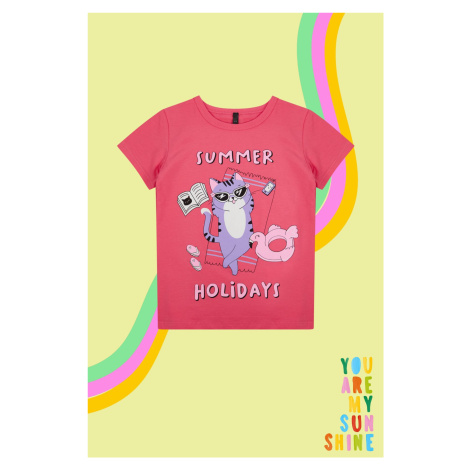 Trendyol Fuchsia Girl's Cat Patterned Short Sleeve Knitted T-Shirt