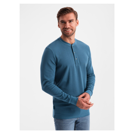 Ombre Men's waffle knit longsleeve fastened at the neck - blue denim