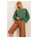 Trend Alaçatı Stili Women's Green Crewneck Sweatshirt with Pockets Embroidered Teddy bears