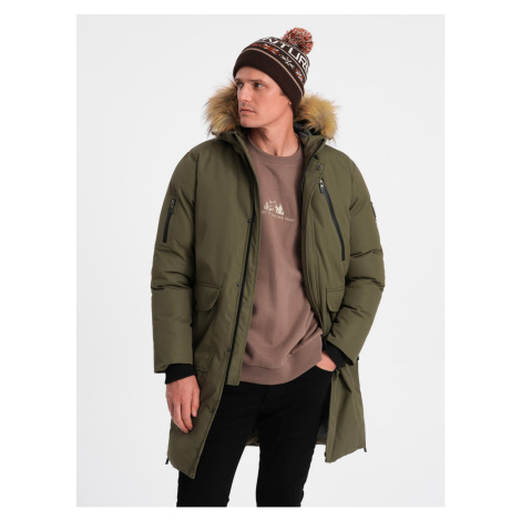 Ombre Alaskan men's winter jacket with detachable fur from the hood - dark olive green