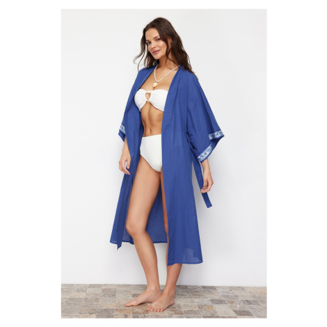 Trendyol Saxe Blue Belted Maxi Woven Ribbon Accessory Kimono & Kaftan