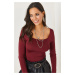 Olalook Burgundy Square Neck Basic Knitwear Blouse