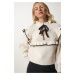 Happiness İstanbul Women's Cream Frilly Bow Collar Knitwear Sweater