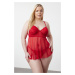 Trendyol Curve Red High Waist Underwire Babydoll&amp; Thong Set