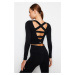 Trendyol Black Seamless/Seamless Back and Reflector Print Detailed Crop Knitted Sports Top/Blous