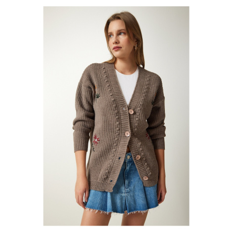 Happiness İstanbul Women's Mink Floral Embroidered Textured Knitwear Cardigan