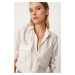 Happiness İstanbul Women's Cream Wide Pocket Tencel Shirt