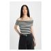 DEFACTO Fitted Striped Open Shoulder Basic Plain Knit T-Shirt