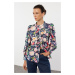 Trendyol Dark Blue Stand-Up Collar Ruffled Chiffon Floral Woven Shirt