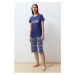 Trendyol Blue Motto Printed Ribbed Capri Knitted Pajamas Set